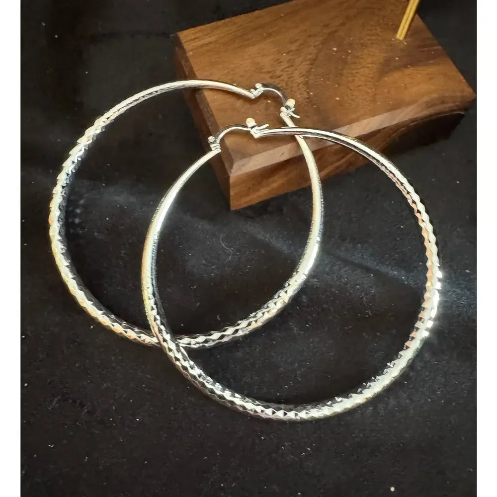 New Sterling Silver 925 Large Hoop Earrings 2.5” Diamond Cut Textured E75 - Picture 2 of 4